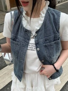 DAZY 女士无袖牛仔上衣，饰有荷叶边细节 - 藍色 - 查看 1