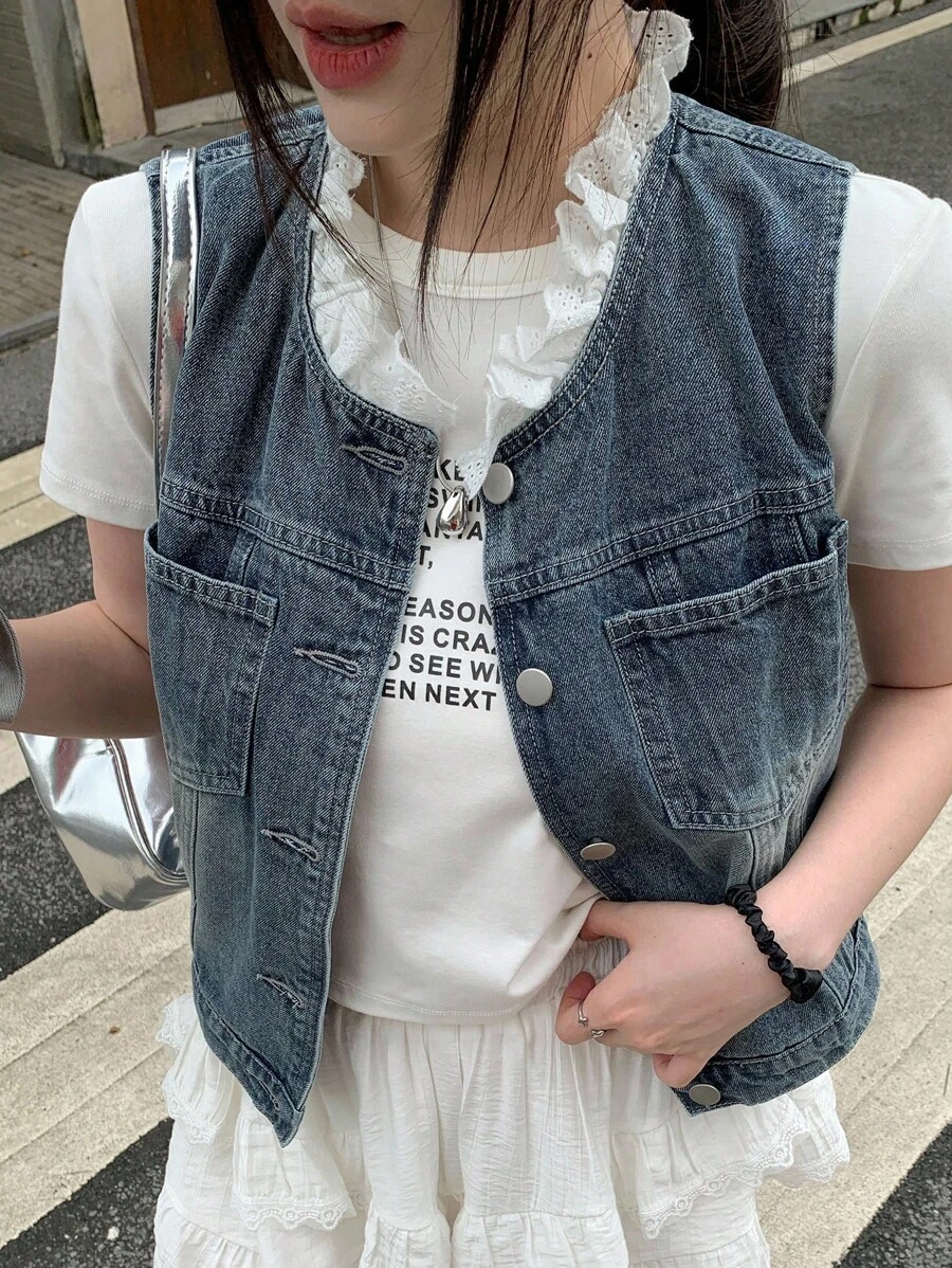 DAZY 女士无袖牛仔上衣，饰有荷叶边细节 - 藍色 - 查看 1