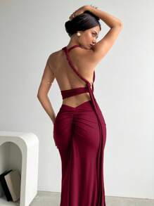 Aloruh Women's Elegant Sexy Deep V Chest Detail Open Back Ruched Skirt Beach Vacation 2pcs Set - Burgundy - View 2