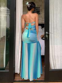 DAZY Mesh Striped Ombre Starfish Print Ruffle Hollow Out Off Shoulder Sexy Beach Maxi Dress For Holiday Prom Dress Vacation Outfits Women - Blue - View 2