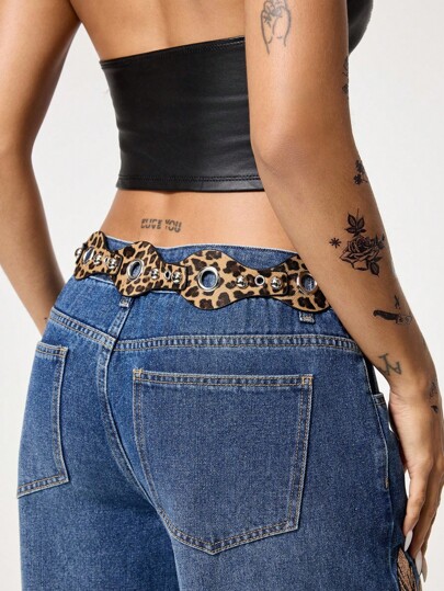 Grunge Punk 1 pieza Cinturón de mujer con estampado de leopardo, estilo subcultura, adecuado para vestidos, suéteres, vaqueros, con decoración de remaches punk