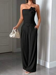 EURMUSE OFF SHOULDER 3D ROSE TOP & MID WAIST PLEATED STRAIGHT LONG LEG PANT - Black - View 5