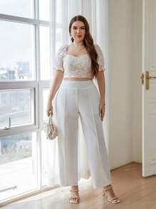 Firerie Plus Size Elegant & Minimalist White Straight Pants For Work - White - View 5