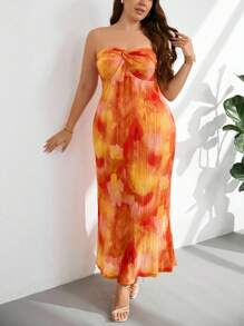 Firerie Vestido de mujer de talla grande de estilo elegante y casual, perfecto para vacaciones, días soleados, citas románticas. Vestido con parte superior tipo tubo, detalle de nudo frontal, de tela suelta, con estampado de flores y teñido anudado, con volantes.