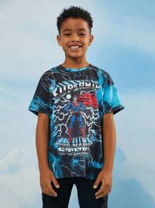 SUPERMAN X SHEIN Camiseta de manga corta ajustada con estampado de relámpago oscuro y letras inglesas de superhéroe para niño preadolescente, primavera/verano - Negro - Ver 2