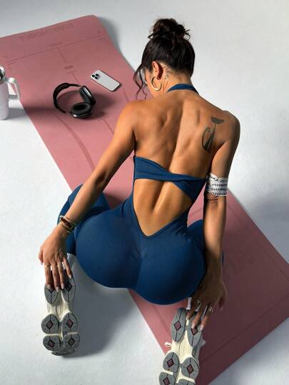 Easithlete Solid Color Backless Halter Skinny Sports Jumpsuit Seamless Yoga Jumpsuit