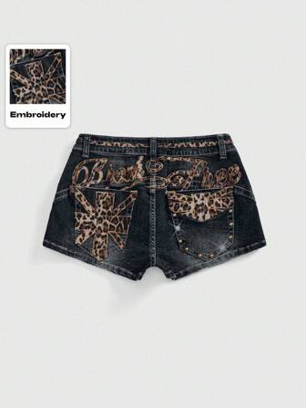 Grunge Punk Pantalones cortos de mezclilla de tiro súper bajo con estampado de leopardo bordado en estilo Y2K baddie para conciertos/festivales de música