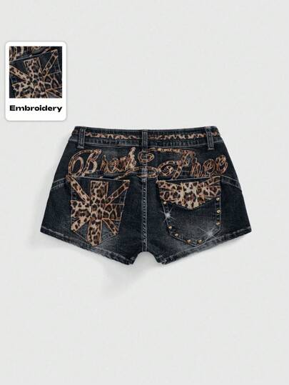 Grunge Punk Mini shorts in jeans a vita super bassa con ricamo e stampa leopardata in stile Y2K baddie, adatti per concerti e festival musicali