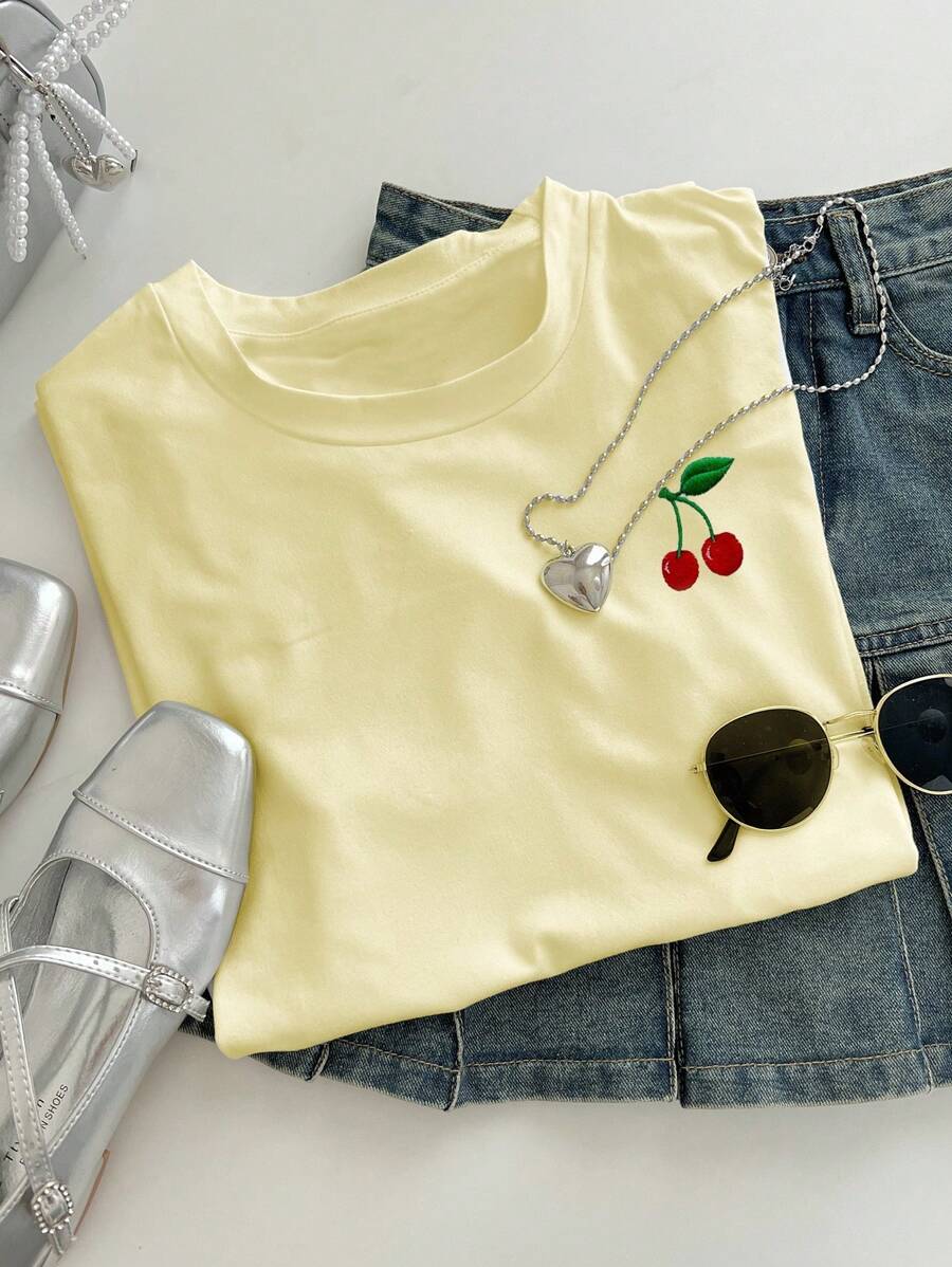 INAWLY Áo thun nữ cổ tròn tay ngắn in họa tiết quả anh đào, mùa hè - Màu vàng - Xem 1