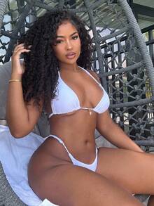 Alexandranx Women's Solid Color Metal Pendant Necklace & Sexy Thong Bikini Set, Summer - White - View 6