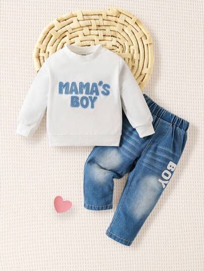 SHEIN Playful Pals 两件套男/女婴英文字母印花休闲圆领长袖上衣搭配英文字母印花时尚长牛仔裤，适合居家、露营、聚会、秋季穿着。