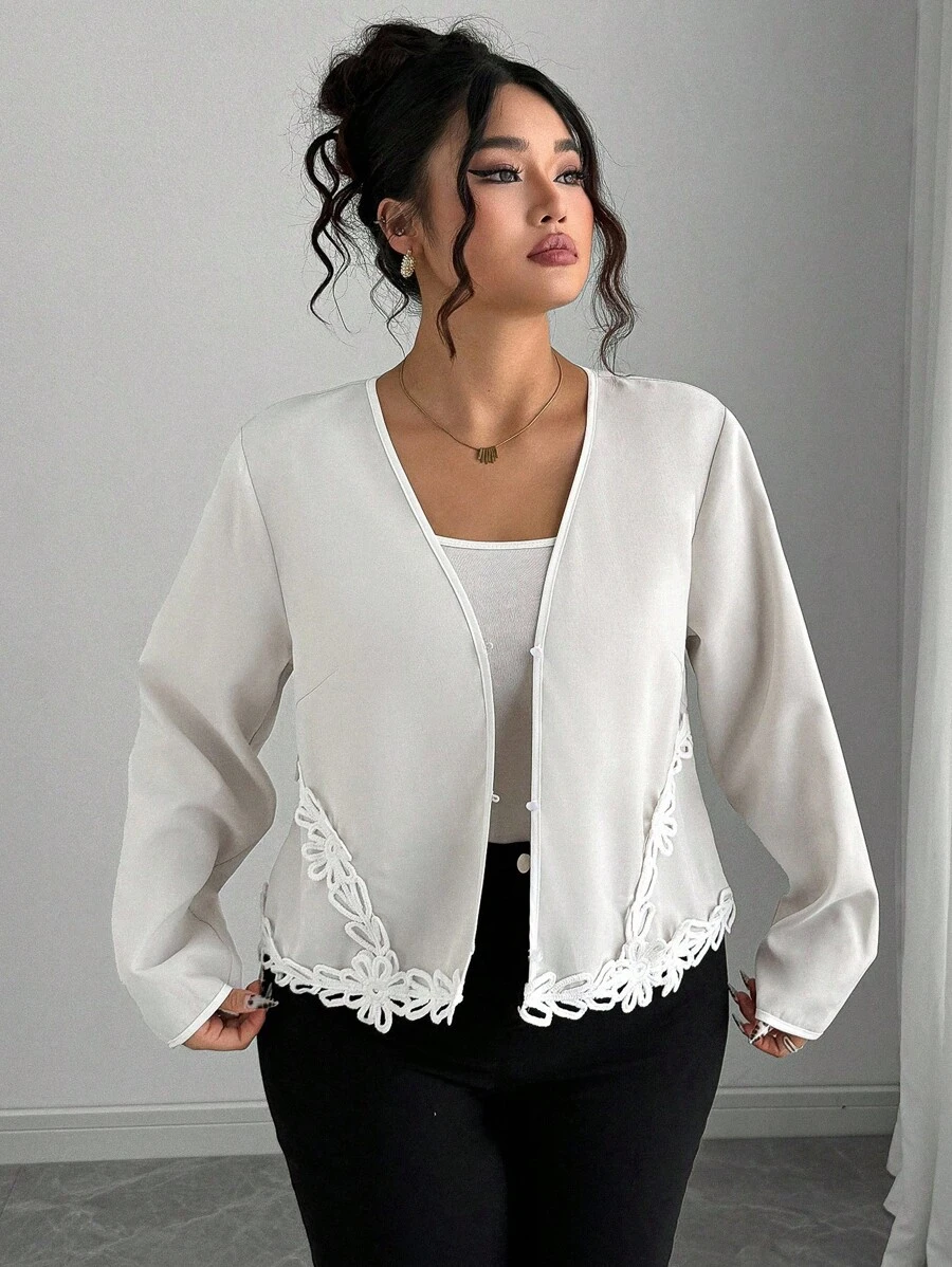 Elenzga Plus Size Women Elegant Woven Long Sleeve Lace Trim Fitted Apricot Jacket Fall Cloth For Women - Apricot - View 1