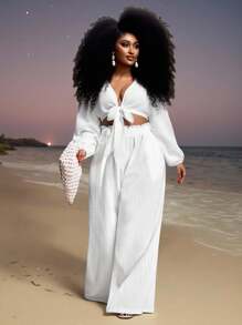 Veslaya Bộ đồ thể thao cỡ lớn đa năng, dễ phối đồ, thích hợp đi biển, gồm áo tay dài thắt nơ phía trước và quần ống rộng. - trắng - Xem 11