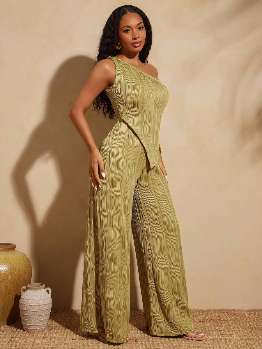 Vixey 纹理针织打结单肩不对称阔腿连体裤 - 黃色 - 查看 1