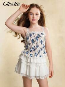 青少年女孩休闲优雅碎花蕾丝边吊带背心