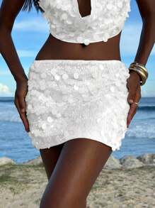 Opulessa White Sequin Mini Skirt With Embroidery For Party Nights White Sequin Skirt Sequin Skirt Bathing Suit Cover Up Skirt Bikini Cover Up Skirt White Cover Up Skirt - White - View 3