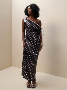 Zolique Damen Sommer Mode Polka Dot Muster asymmetrischer Ausschnitt Spaltkleid - Schwarz und Weiss - Übersicht 4
