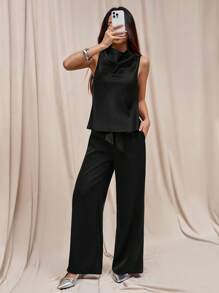 SHEIN PETITE بدلة نسائية بلون موحد بياقة عالية بدون أكمام وبنطال، للنساء الصغيرات - الأسود - مشاهدة 2