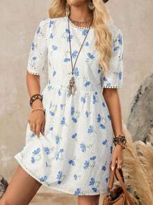 LanaWest Women's Vintage Loose Short Sleeve Embroidered Floral Print White Short Beach Holiday Dress, Summer