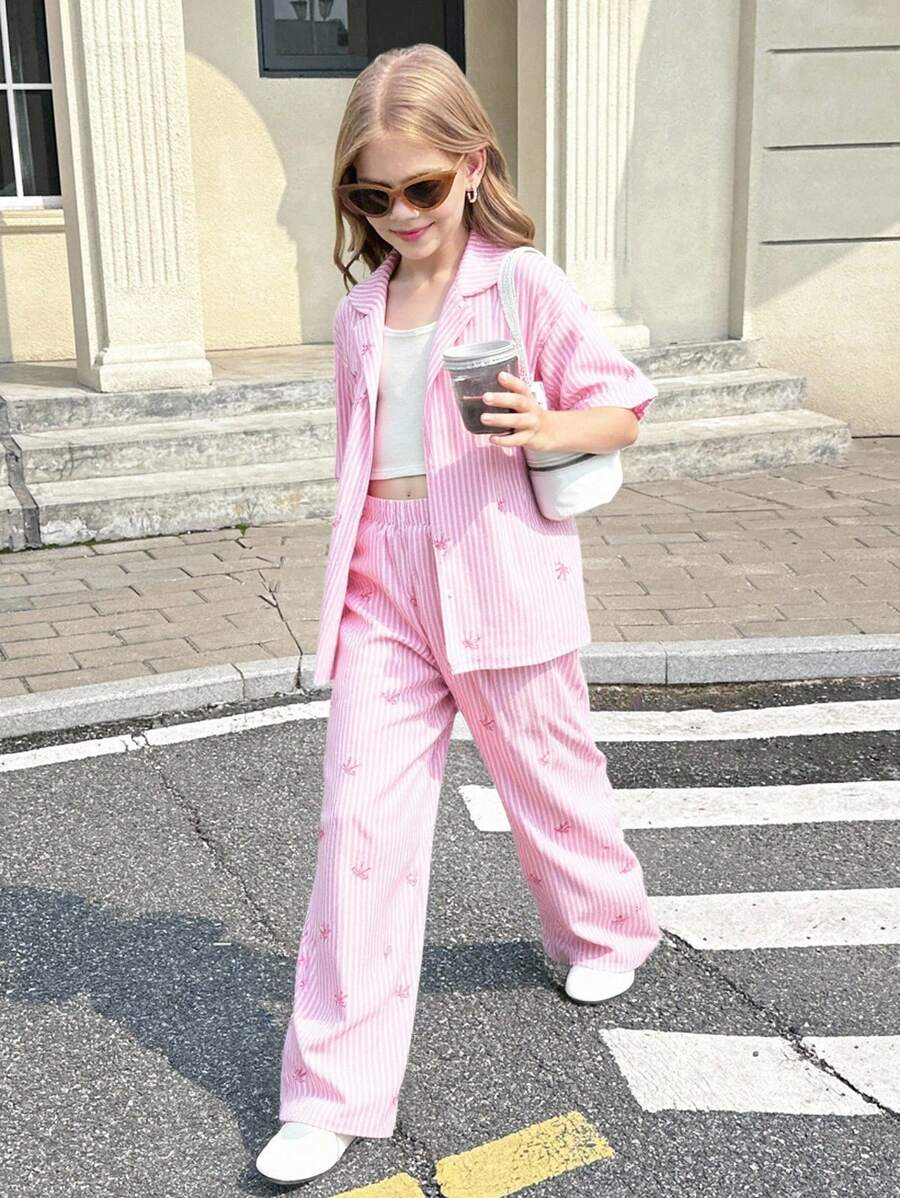 SHEIN 青少年女孩休闲时尚粉色和白色条纹蝴蝶结领宽松短袖衬衫和阔腿裤套装,返校,母子装 - 粉色 - 查看 1
