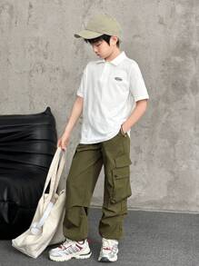 SHEIN Tween Boy Casual Round Neck Short Sleeve T-Shirt And Pants 2 Pieces Set, Elegant Style Suitable For Summer, School, Campus, College