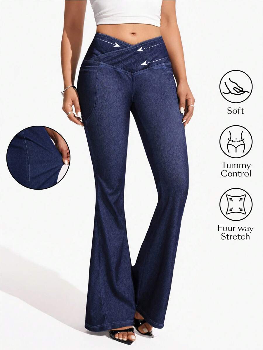 Flexra 女式不对称腰休闲喇叭牛仔裤 - 中等水洗藍 - 查看 1