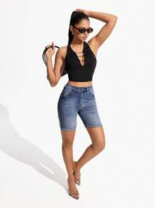SHEIN Essnce Casual Washed High Waist Slim Fit Denim Shorts, Summer - Medium Wash - View 5