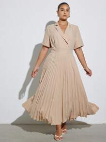 Aveloria Modichic Casual Short Sleeve Crew Neck Dress With Pleated Hem, Elegant And Minimalist Office Style - Khaki - View 6