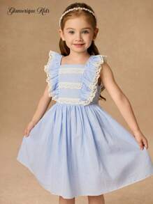 Abito stile principessa a quadri per bambina e ragazza come damigella, con maniche a palloncino, blu, adatto per feste di compleanno, matrimoni, vacanze, tutto l'anno