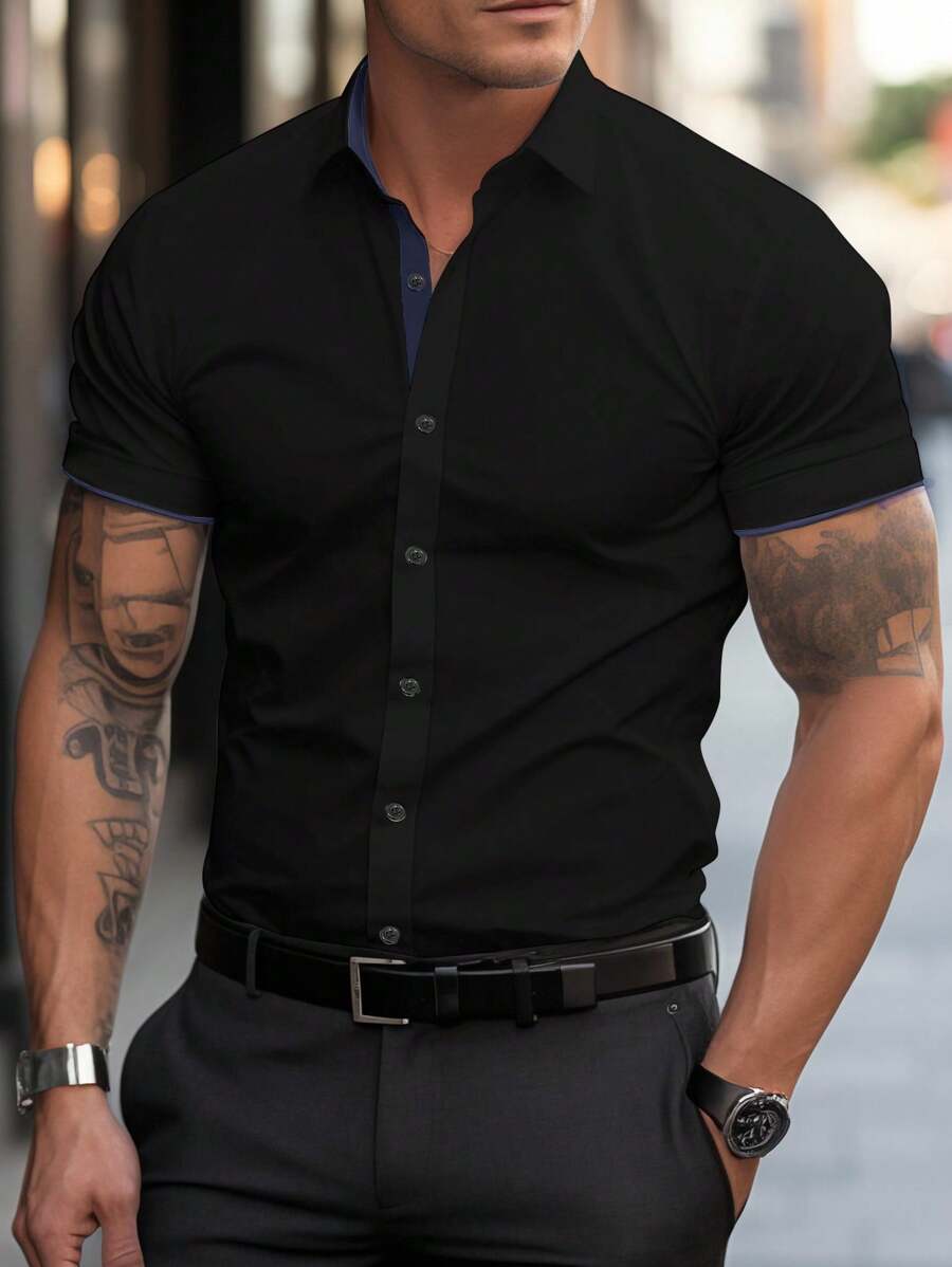 Manfinity Mode Men's Solid Color Minimalist Daily Short Sleeve Shirt Men Dress Black Business Casual Tops Fashion Summer Button Down Up Shirts Formal Style, Ceremony - Black - View 1