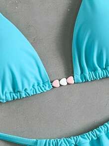 Swim Mod 2pcs/Set Women's Beach Vacation Plain Color Heart Beaded Decor Halter Backless Sexy Bikini Set For Summer - Blue - View 7