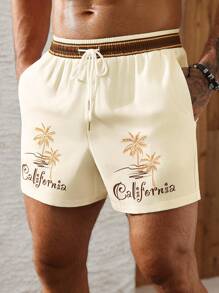 Manfinity KASUA 男士夏季度假椰子树和字母印花抽绳腰沙滩短裤