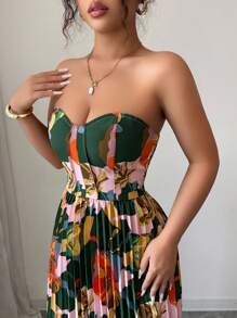 Selianne Digital Printed Strapless Cinched Waist A-Line Pleated Elegant And Romantic Holiday Dress For Women