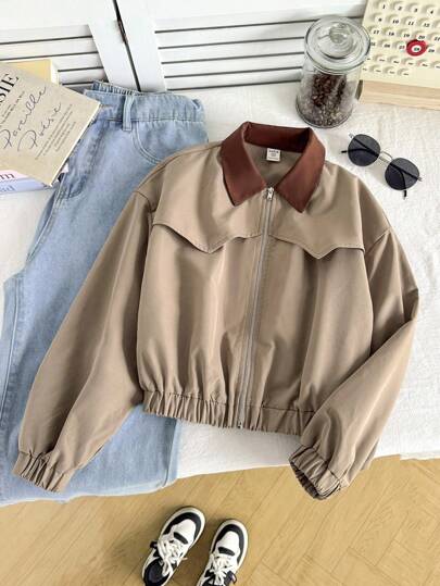 SHEIN 青少年女孩宽松休闲简约舒适撞色领拉链夹克