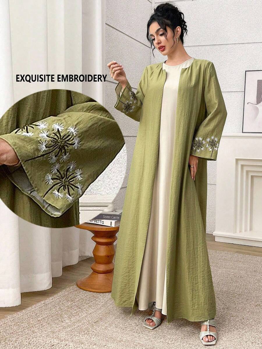 Al Najma 女式花卉刺绣超长阿拉伯长袍 - 綠色 - 查看 1