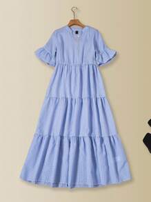 Rusticease 女士度假休闲格子镂空领长裙 - 藍白色 - 查看 6