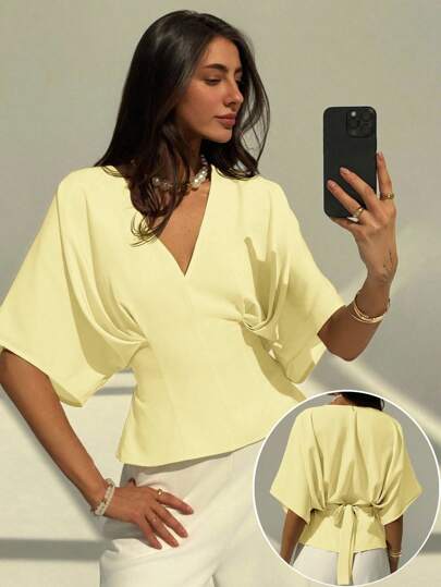 Aloruh Elegant Solid Color Loose Fitting Short Sleeve Blouse, Minimalist Design With Bowknot Waist, Suitable For Office And Commuting, Peach Color