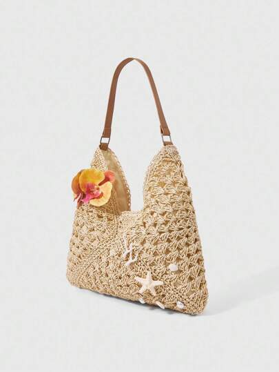 Fairycore 1 Set Floral Woven Beach Tote Bag And Accessories, Fashion Personalized Beach Vacation Style Women Shoulder Bag (Includes 1 Bag And 1 Set Of Accessories)