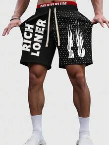 ROMWE MEN Street Life Quần short nam mùa hè thường ngày có dây rút in chữ và ngọn lửa - màu đen - Xem 3