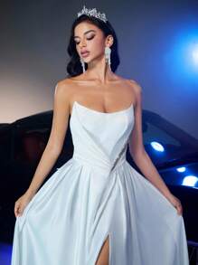 Glamrae 优雅时尚复古白色缎面上衣，船领，侧网拼接，珍珠装饰，褶皱腰线和奢华 A 字裙，适合各种正式场合，女士正式婚纱 - 米色 - 查看 5