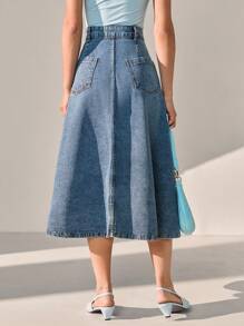 CLARA VERO Women High Waist Single-Breasted Pocket Casual A-Line Denim Skirt - Medium Wash - View 2