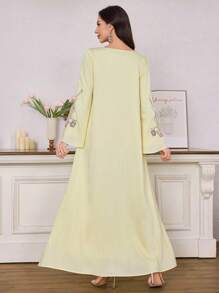 Al Najma Women's Elegant Glitter Embroidered Long Robe Kaftan Jalabiya Dress - Yellow - View 2