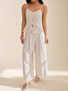 SHEIN PETITE 2pcs/Set White Linen Sleeveless Jumpsuit Pants - Apricot - View 5