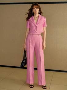 MOTF PREMIUM 格纹翻领短款夹克 - 粉色 - 查看 1