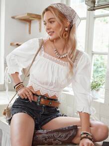 LanaWest Women's Casual Short Square Neck Puff Sleeve Bowknot Ruffle Patchwork Crop Top - White - View 6