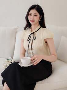 DAZY 女士优雅领结衬衫，夏季 - 杏色 - 查看 4