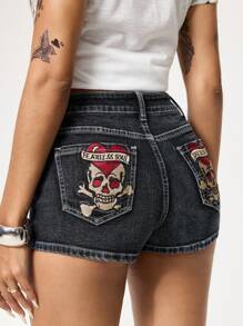 ROMWE Grunge Punk Shorts vaqueros casuales y versátiles con bolsillos para damas - Azul - Ver 3