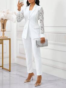 SHEIN Lady Four Seasons White Suit Suit Set Lace Splicing Suit Set Women's Suit Set