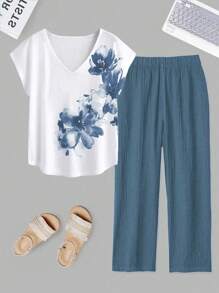 Mulvari Plus Floral Print Batwing Sleeve Top & Pants 2 Pieces Set - Dusty Blue - View 1