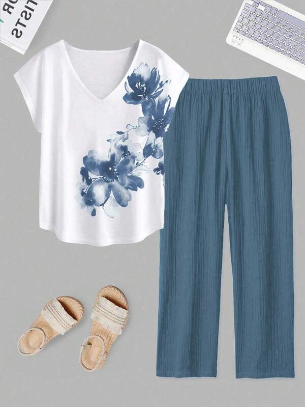 Mulvari Set de 2 piese cu top și pantaloni cu mânecă tip liliac și imprimeu floral Plus